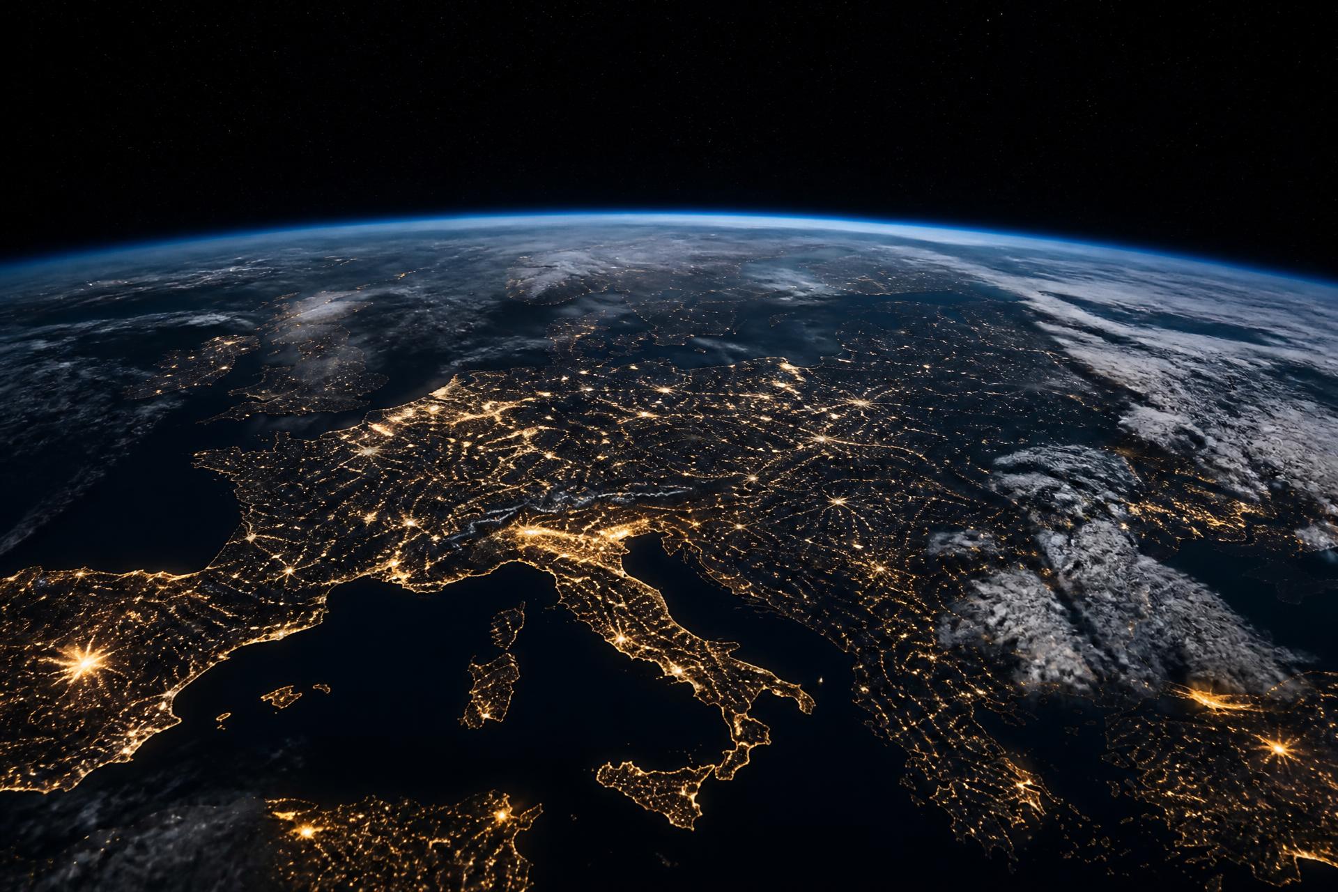 Earth seen from orbit at dawn, city lights glowing across the continents